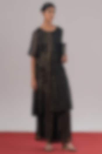 Black & Silver Brocade Silk Block Printed Tunic by Urvashi Kaur at Pernia's Pop Up Shop