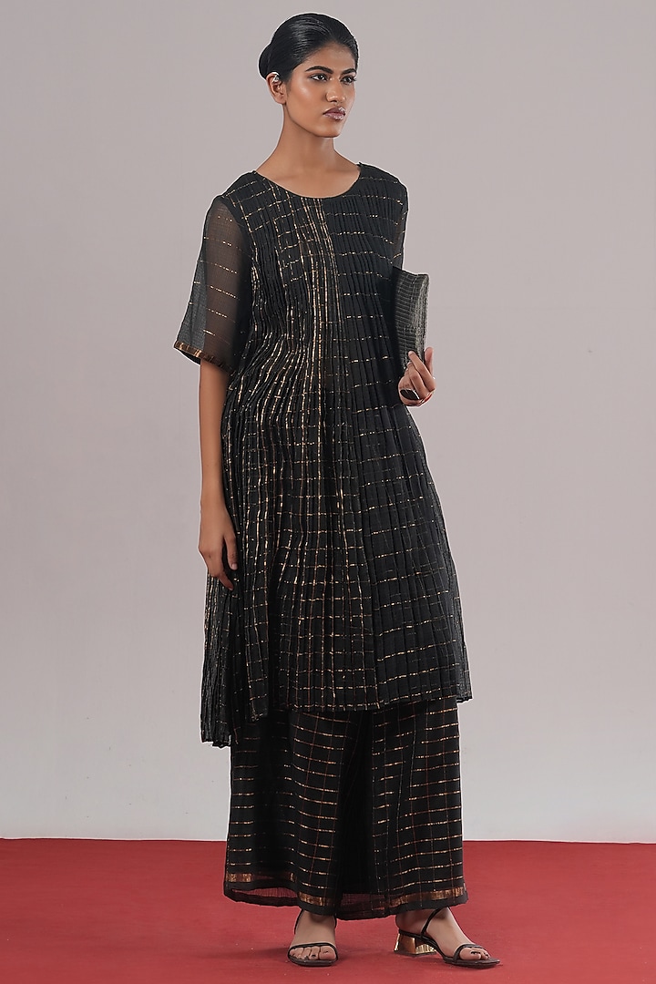 Black & Silver Brocade Silk Block Printed Tunic by Urvashi Kaur at Pernia's Pop Up Shop