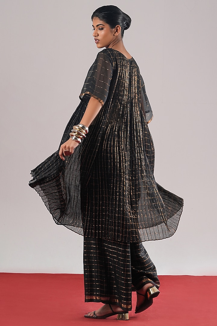 Black & Silver Brocade Silk Block Printed Tunic by Urvashi Kaur at Pernia's Pop Up Shop