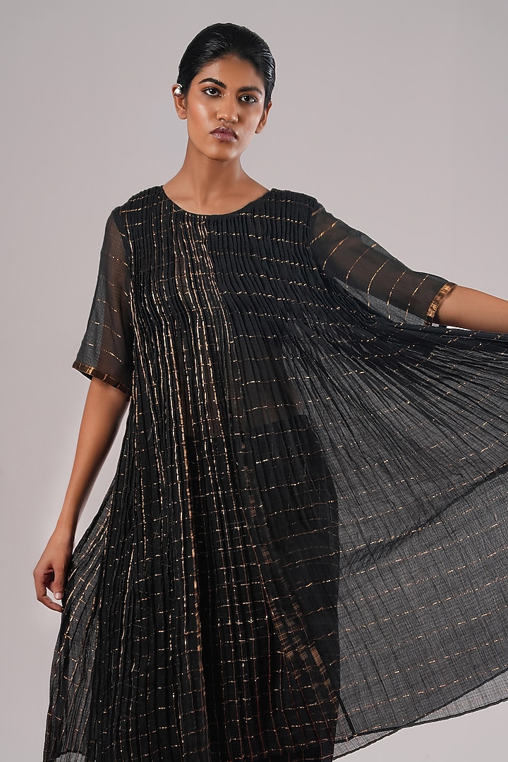 Black & Silver Brocade Silk Block Printed Tunic by Urvashi Kaur at Pernia's Pop Up Shop