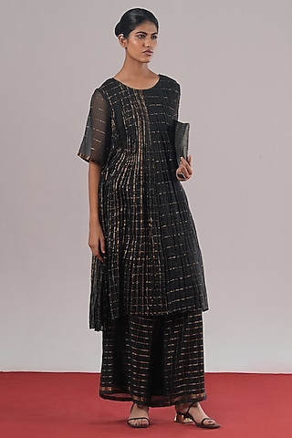Black & Silver Brocade Silk Block Printed Pant by Urvashi Kaur