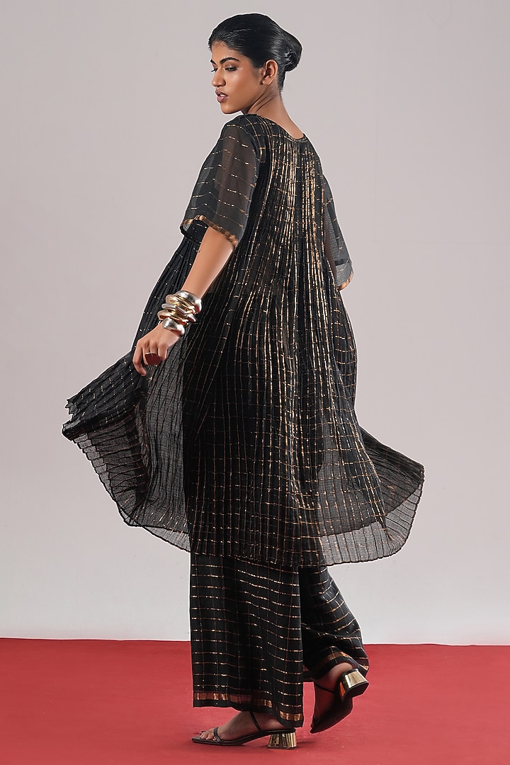 Black & Silver Brocade Silk Block Printed Pant by Urvashi Kaur at Pernia's Pop Up Shop