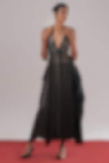 Black Brocade Silk Pleated Cocktail Dress by Urvashi Kaur at Pernia's Pop Up Shop