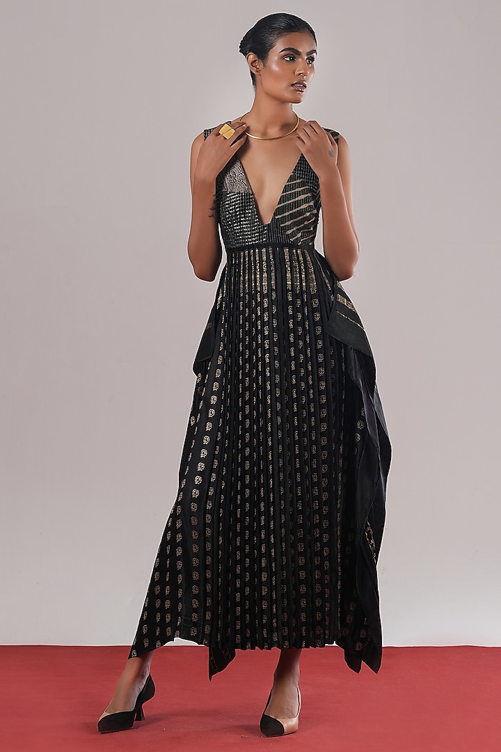 Black Brocade Silk Pleated Cocktail Dress by Urvashi Kaur at Pernia's Pop Up Shop