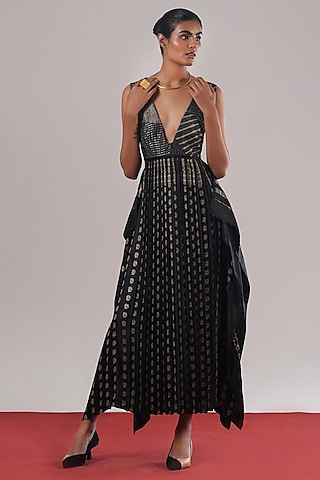 Black Brocade Silk Pleated Dress by Urvashi Kaur