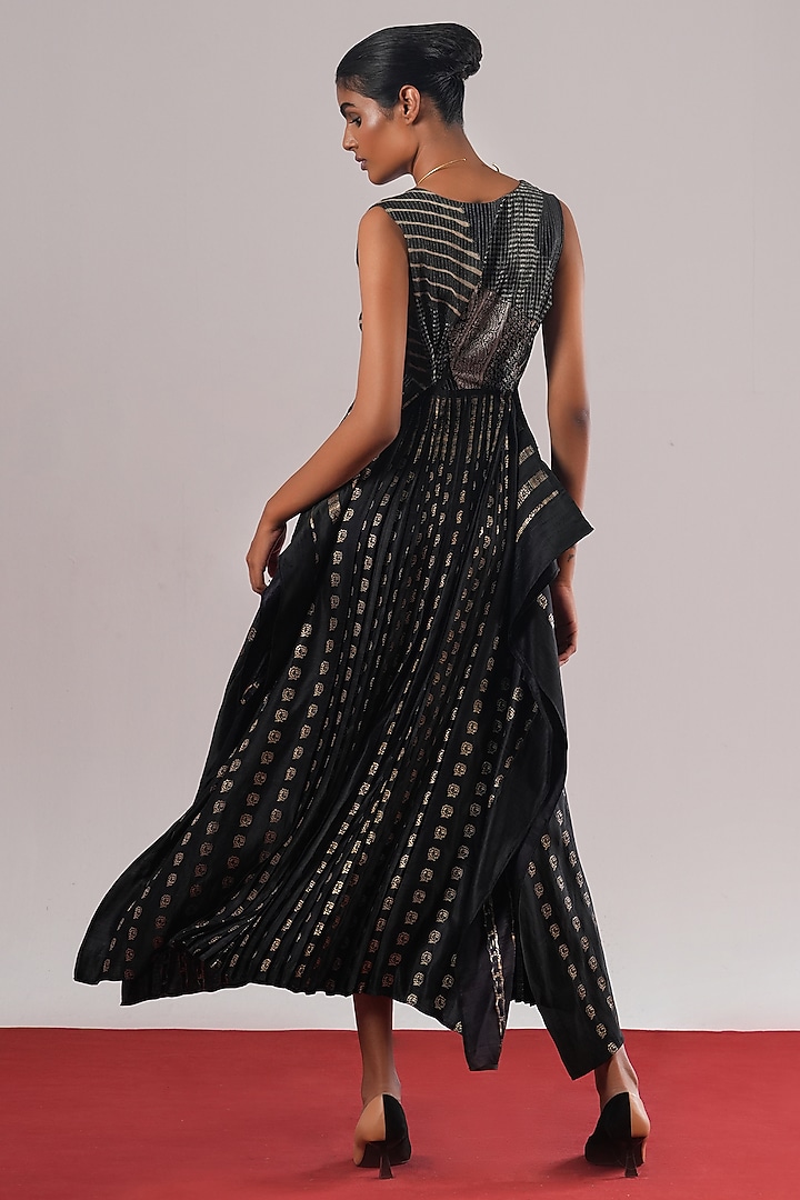 Black Brocade Silk Pleated Cocktail Dress by Urvashi Kaur at Pernia's Pop Up Shop