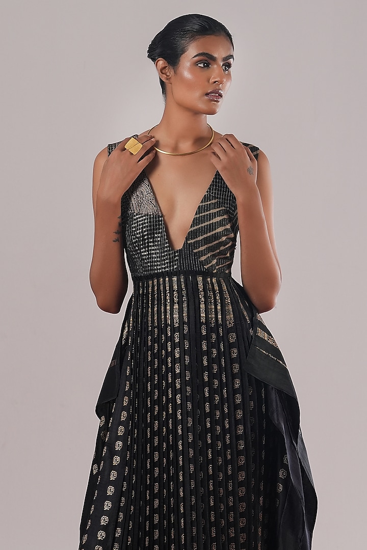 Black Brocade Silk Pleated Cocktail Dress by Urvashi Kaur at Pernia's Pop Up Shop