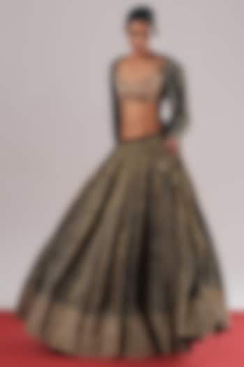 Black Cotton Silk Leheriya Block Printed Wedding Lehenga by Urvashi Kaur at Pernia's Pop Up Shop
