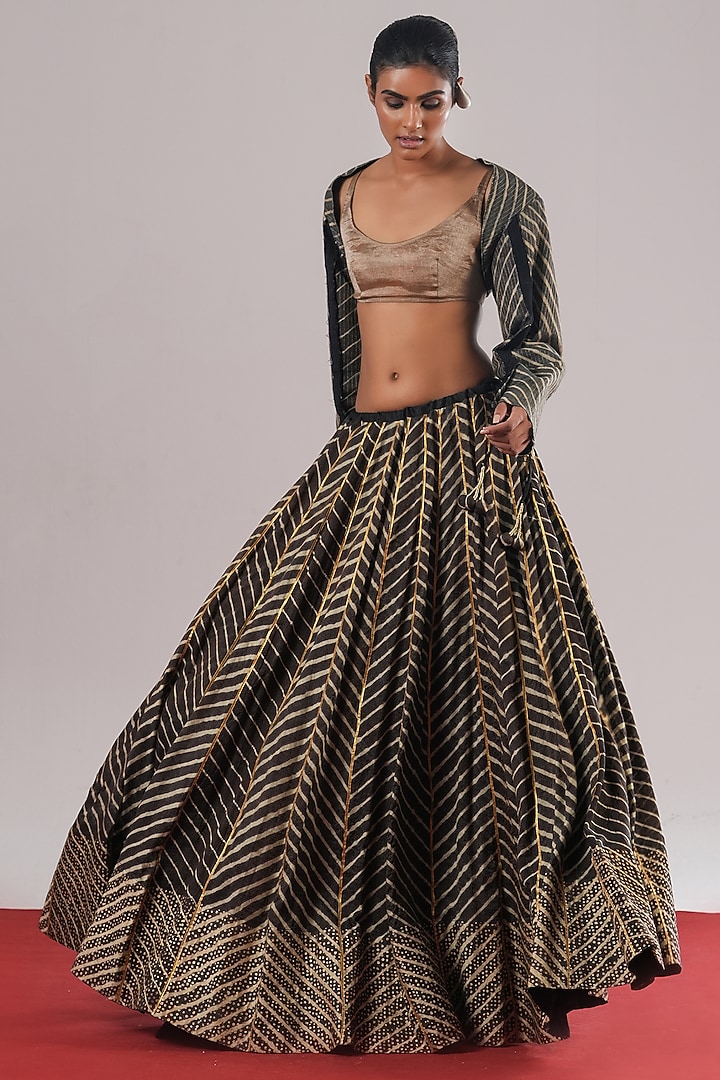 Black Cotton Silk Leheriya Block Printed Wedding Lehenga by Urvashi Kaur at Pernia's Pop Up Shop