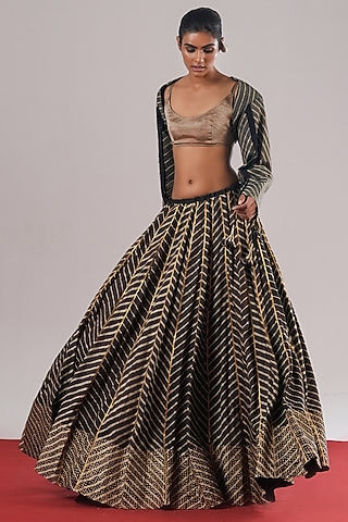 Black Cotton Silk Leheriya Block Printed Lehenga by Urvashi Kaur