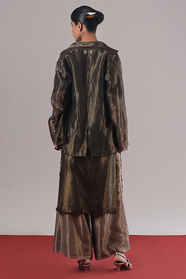 Black & Golden Hand Woven Striped Tissue Silk Blazer by Urvashi Kaur at Pernia's Pop Up Shop