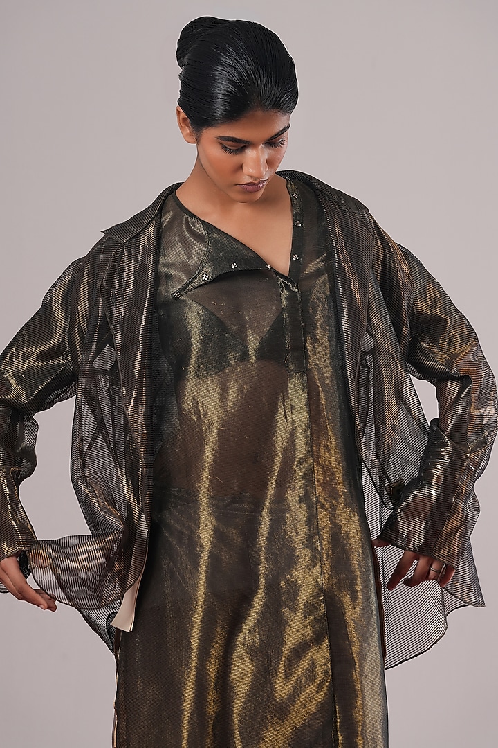Black & Golden Hand Woven Striped Tissue Silk Blazer by Urvashi Kaur at Pernia's Pop Up Shop