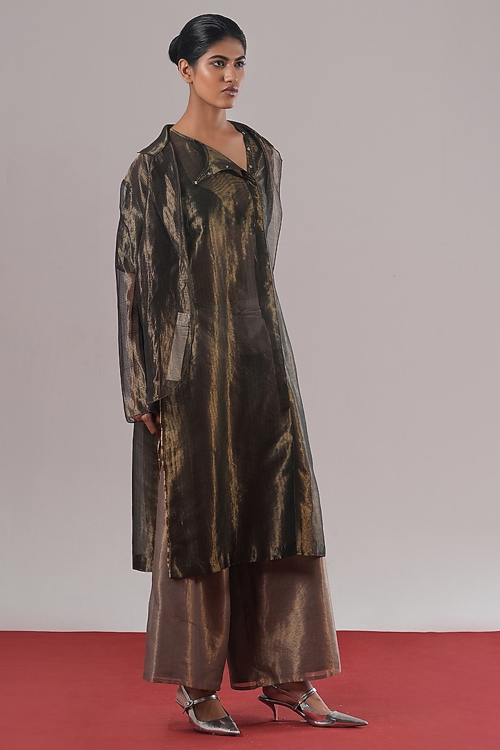 Steel Grey Handwoven Tissue Silk Farshi Pants by Urvashi Kaur at Pernia's Pop Up Shop