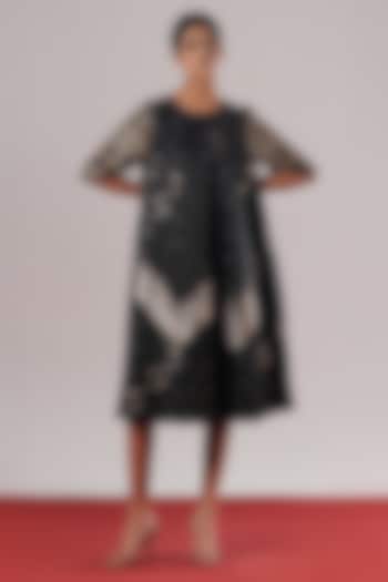 Black Brocade Silk A-Line Midi Vacation Dress by Urvashi Kaur at Pernia's Pop Up Shop