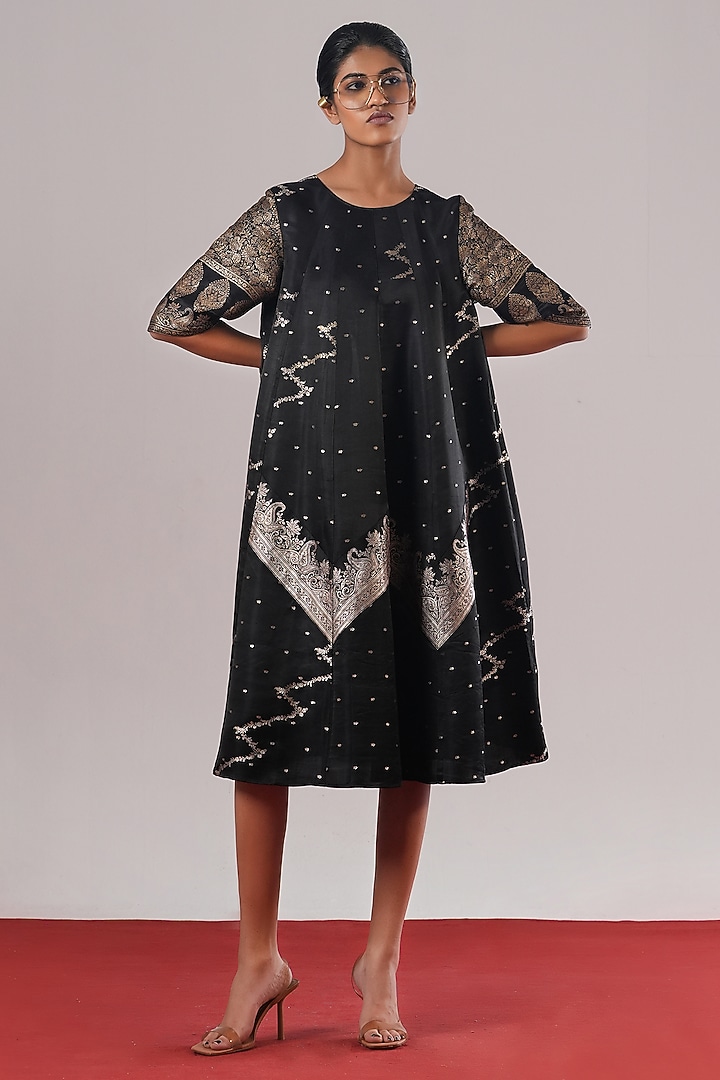 Black Brocade Silk A-Line Midi Vacation Dress by Urvashi Kaur at Pernia's Pop Up Shop