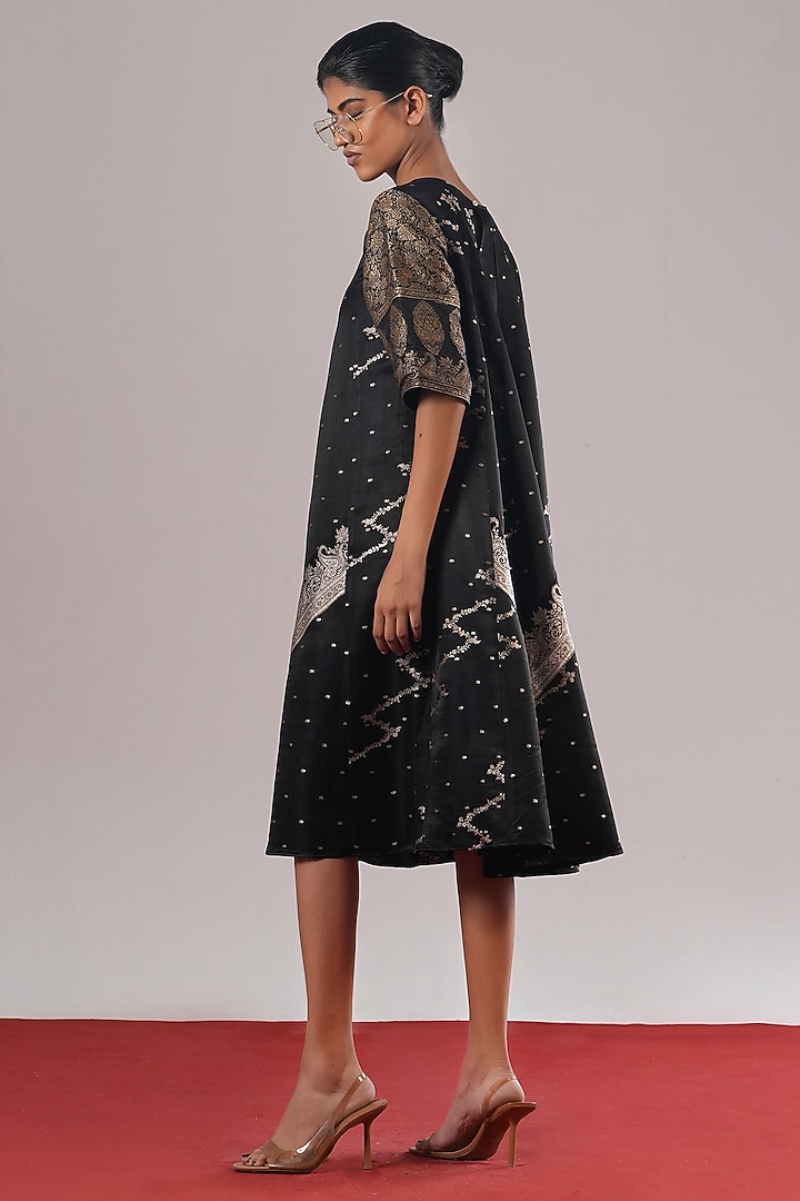 Black Brocade Silk A-Line Midi Vacation Dress by Urvashi Kaur at Pernia's Pop Up Shop