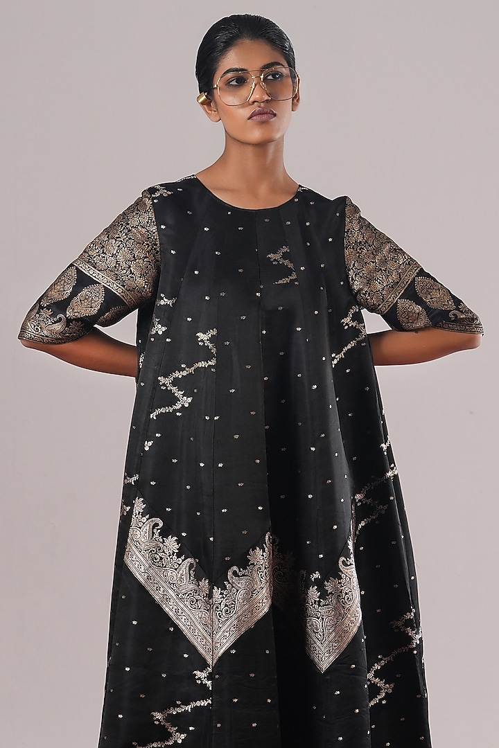 Black Brocade Silk A-Line Midi Vacation Dress by Urvashi Kaur at Pernia's Pop Up Shop