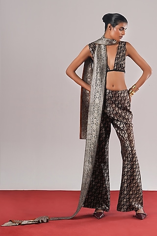 Black Brocade Silk Wide-Legged Pant by Urvashi Kaur