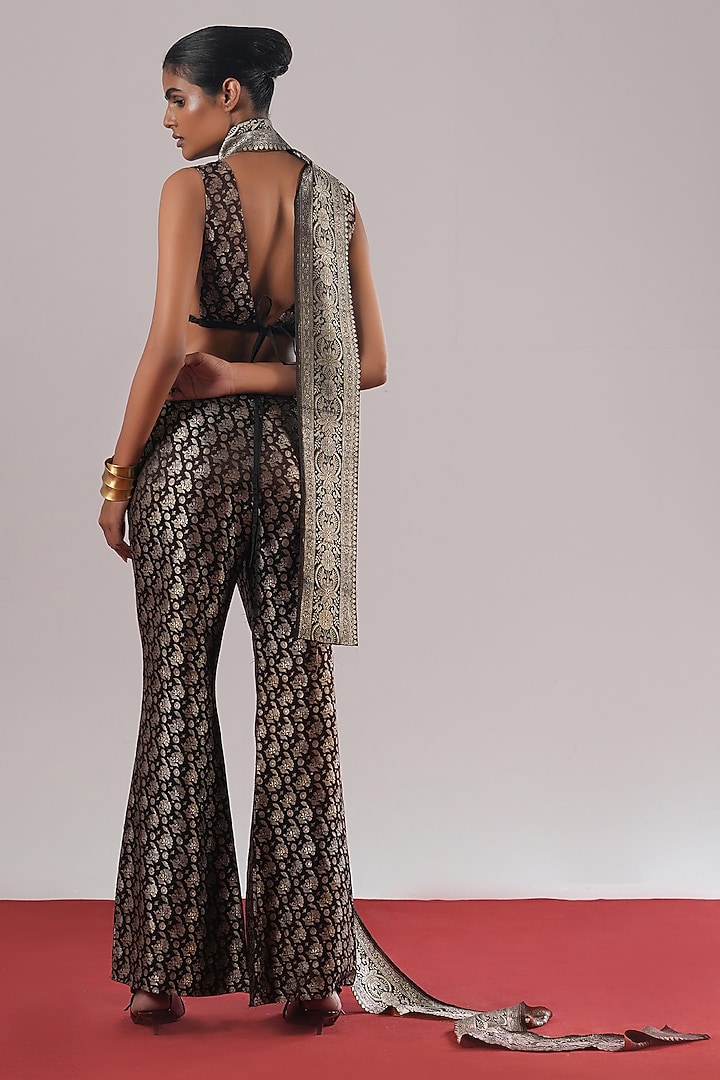 Black Brocade Silk Wide-Legged Pant by Urvashi Kaur at Pernia's Pop Up Shop