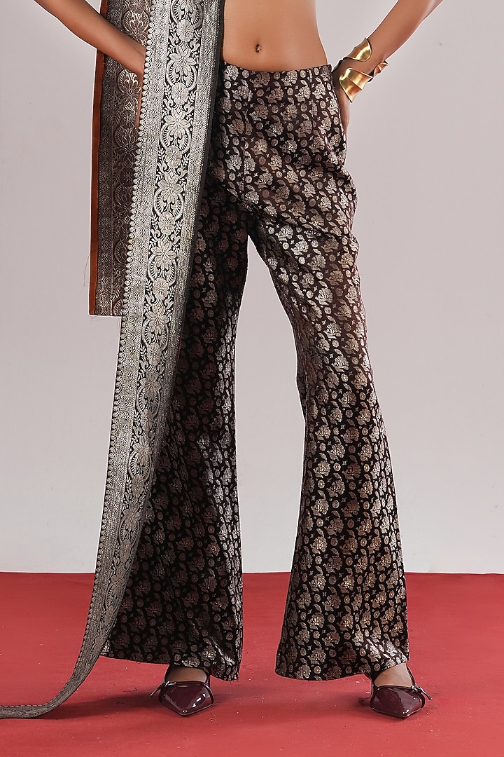 Black Brocade Silk Wide-Legged Pant by Urvashi Kaur at Pernia's Pop Up Shop