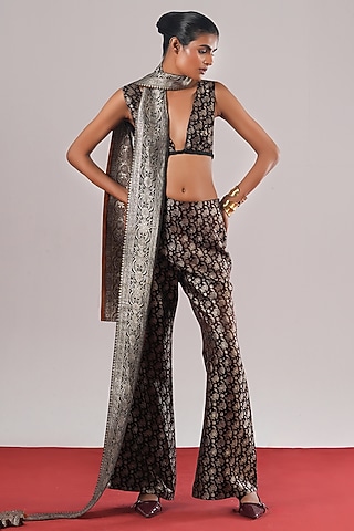 Black Brocade Silk Bustier by Urvashi Kaur