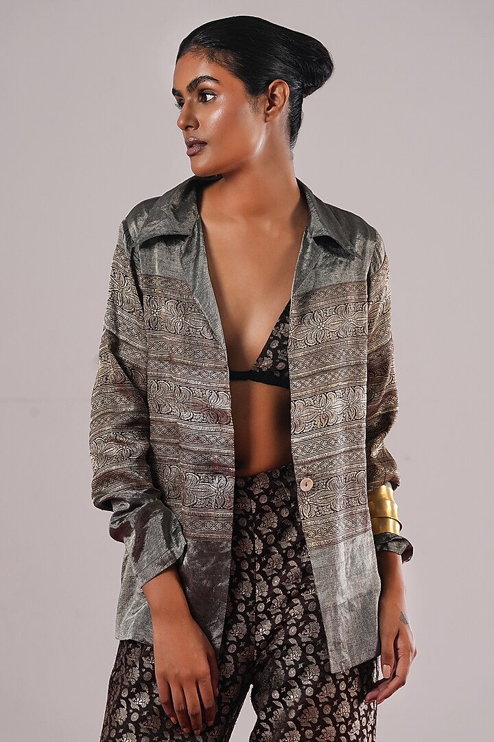 Black & Silver Brocade Silk Blazer by Urvashi Kaur at Pernia's Pop Up Shop
