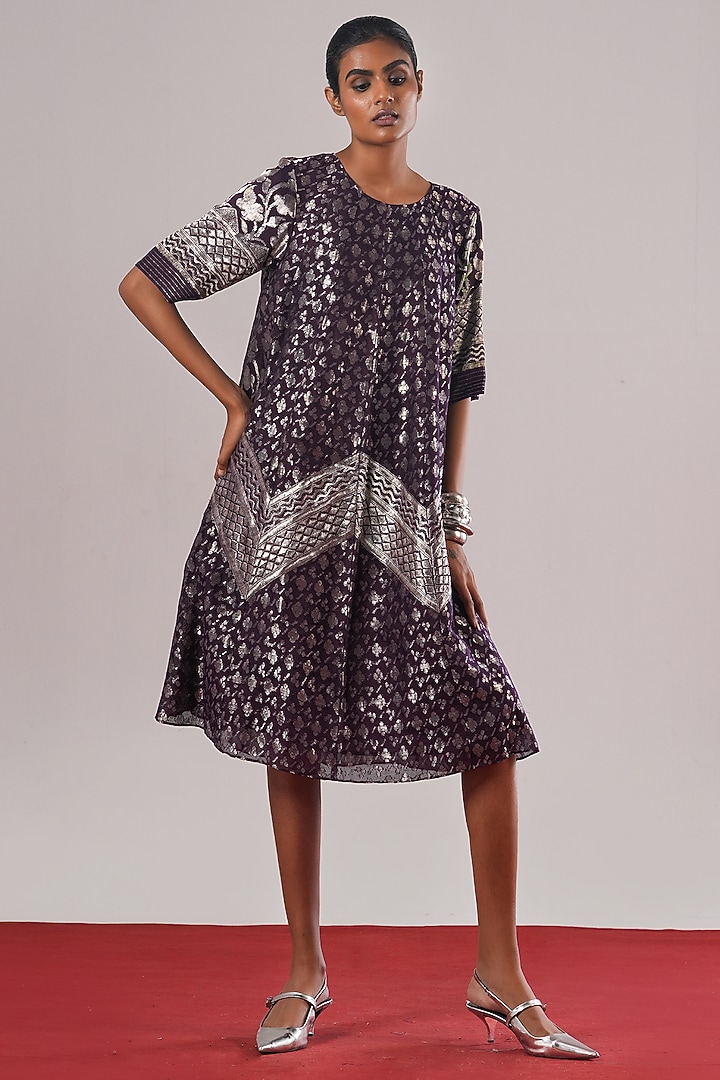 Purple Brocade Silk A-Line Vacation Dress by Urvashi Kaur at Pernia's Pop Up Shop
