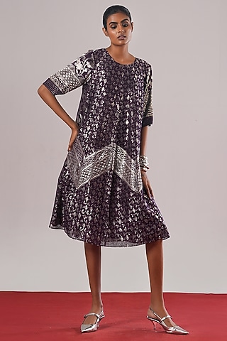 Purple Brocade Silk A-Line Dress by Urvashi Kaur