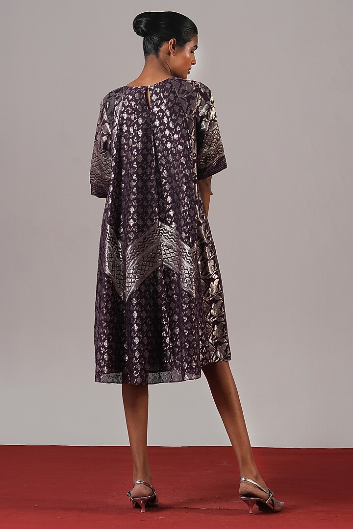 Purple Brocade Silk A-Line Vacation Dress by Urvashi Kaur at Pernia's Pop Up Shop