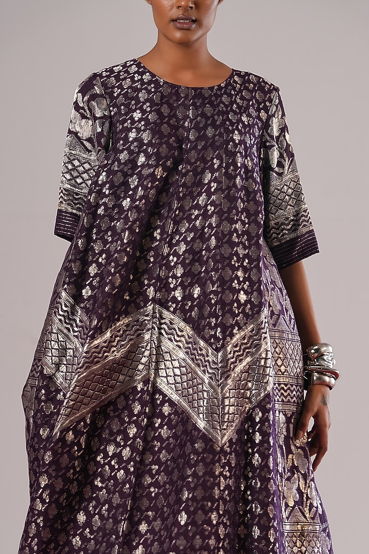 Purple Brocade Silk A-Line Vacation Dress by Urvashi Kaur at Pernia's Pop Up Shop