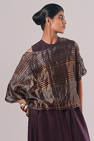 Jamuni Purple Tissue Silk Block Printed Top by Urvashi Kaur