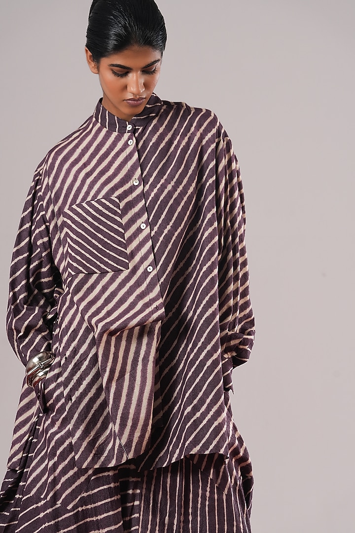 Jamuni Purple Tussar Silk Leheriya Printed Shirt by Urvashi Kaur at Pernia's Pop Up Shop