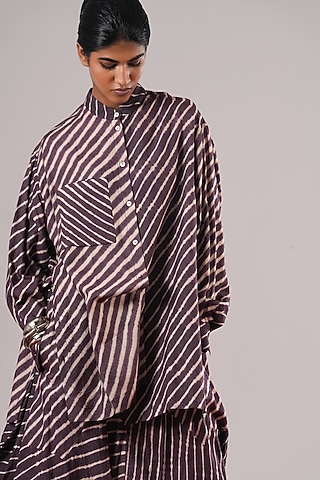 Jamuni Purple Tussar Silk Leheriya Printed Shirt by Urvashi Kaur