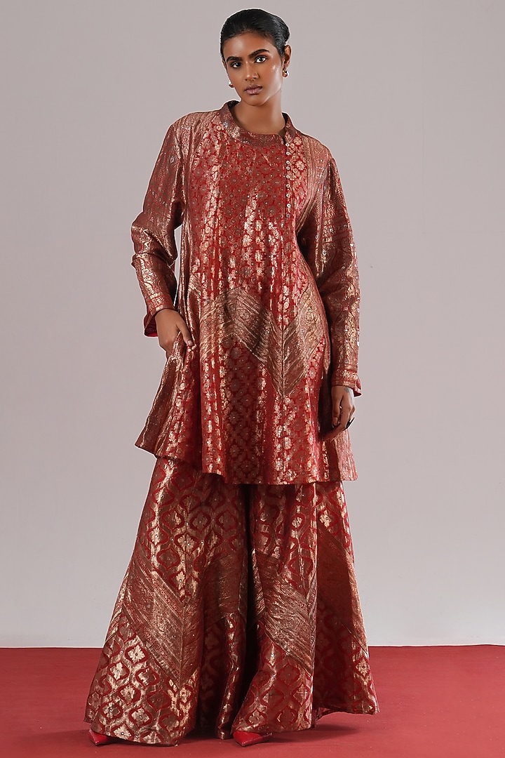 Red Brocade Silk A-Line Tunic by Urvashi Kaur at Pernia's Pop Up Shop