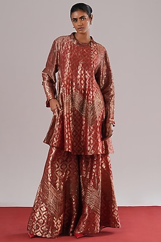 Red Brocade Silk A-Line Tunic by Urvashi Kaur
