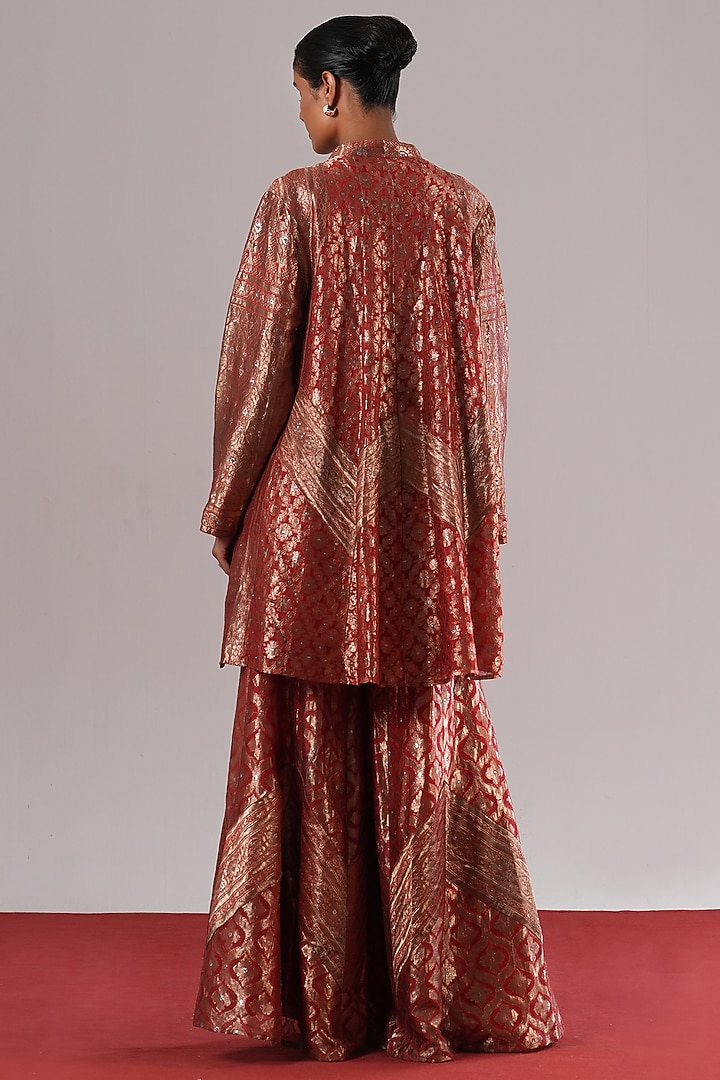Red Brocade Silk A-Line Tunic by Urvashi Kaur at Pernia's Pop Up Shop