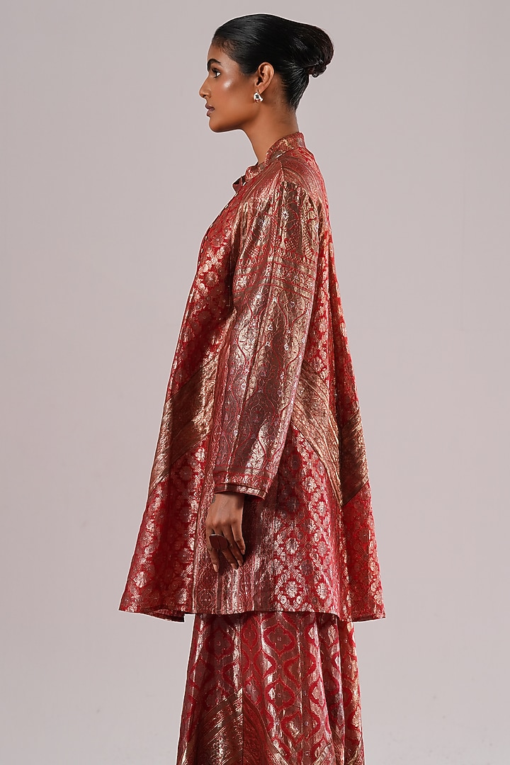 Red Brocade Silk A-Line Tunic by Urvashi Kaur at Pernia's Pop Up Shop