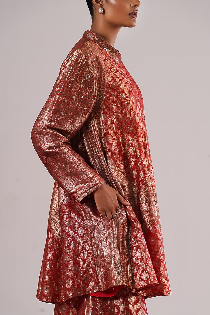 Red Brocade Silk A-Line Tunic by Urvashi Kaur at Pernia's Pop Up Shop