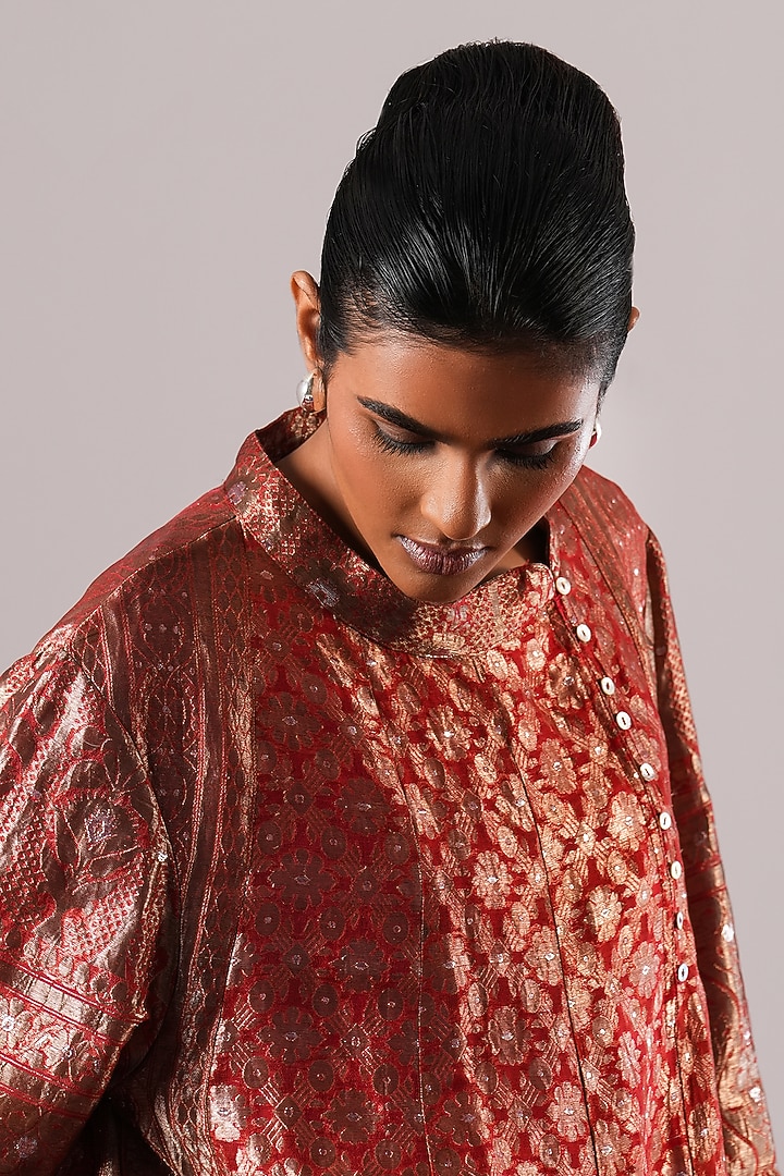 Red Brocade Silk A-Line Tunic by Urvashi Kaur at Pernia's Pop Up Shop