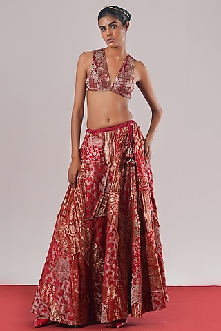 Red Brocade Silk Kalidar Skirt by Urvashi Kaur