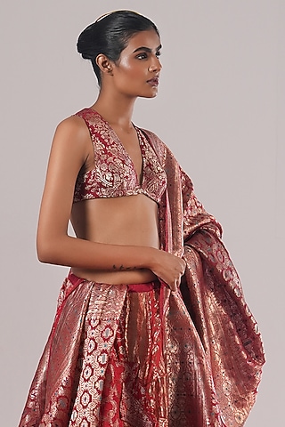 Red Brocade Silk Blouse by Urvashi Kaur