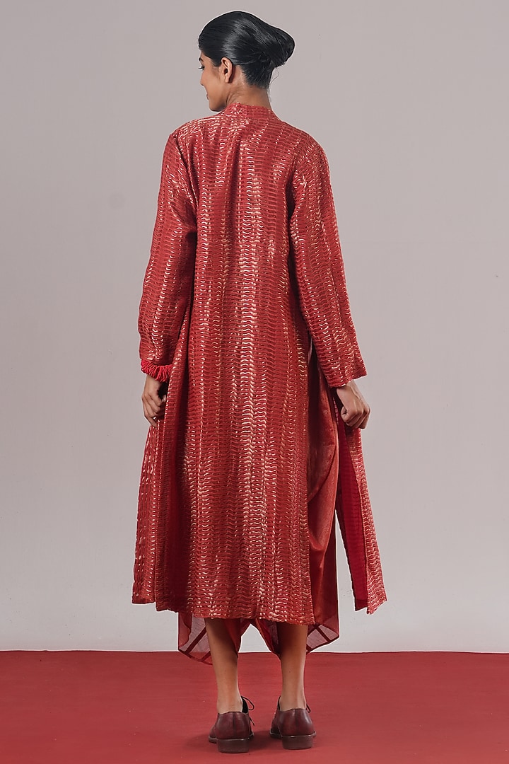 Red Cotton Silk Textured Jacket by Urvashi Kaur at Pernia's Pop Up Shop