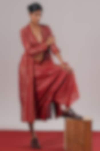 Red Handwoven Tissue Silk Striped Lounge Pants by Urvashi Kaur at Pernia's Pop Up Shop