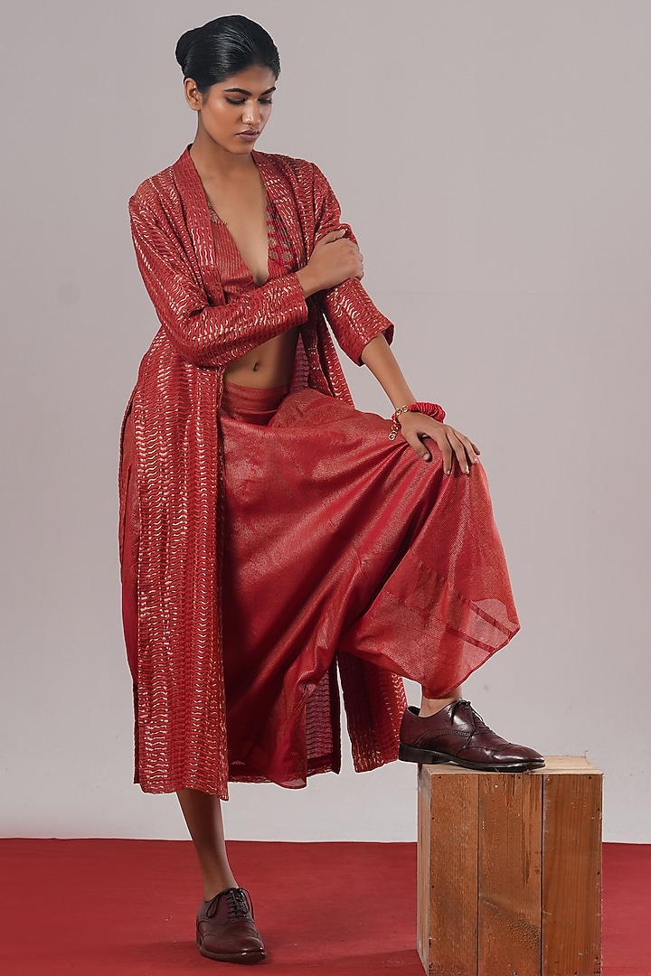 Red Handwoven Tissue Silk Striped Lounge Pants by Urvashi Kaur at Pernia's Pop Up Shop