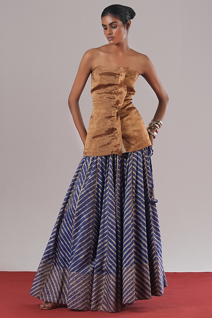 Indigo Blue Cotton Silk Leheriya Block Printed Skirt by Urvashi Kaur at Pernia's Pop Up Shop