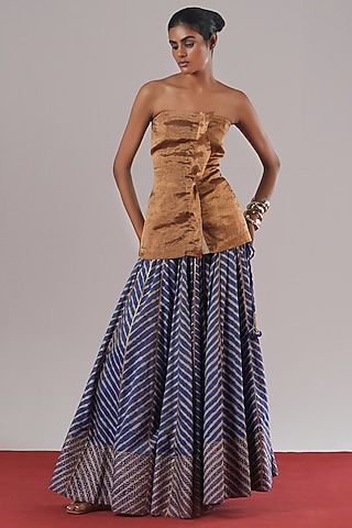 Indigo Blue Cotton Silk Leheriya Block Printed Skirt by Urvashi Kaur