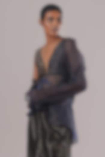 Indigo Blue Handwoven Striped Tissue Silk Blazer by Urvashi Kaur at Pernia's Pop Up Shop