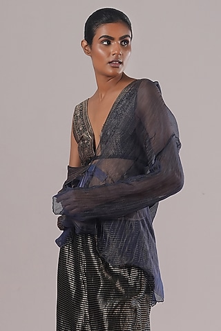Indigo Blue Handwoven Striped Tissue Silk Blazer by Urvashi Kaur