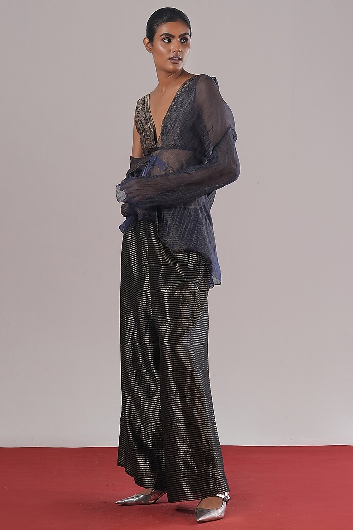 Indigo Blue Handwoven Striped Tissue Silk Blazer by Urvashi Kaur at Pernia's Pop Up Shop