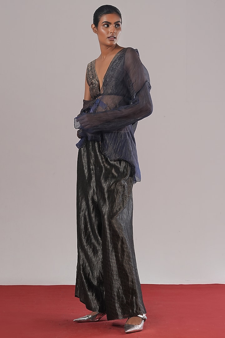 Black Tissue Silk Striped Wide-Leg Pants by Urvashi Kaur at Pernia's Pop Up Shop